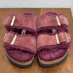 Birkenstock Arizona Shearling Maroon Winter Comfy Suede Slide Sandal Sz 37
